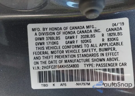 2019 Honda Civic Lx из США, поврежденный, VIN 2HGFC2F64KH554800